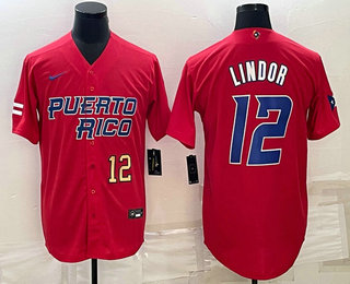Men%27s Puerto Rico Baseball #12 Francisco Lindor Number 2023 Red World Baseball Classic Stitched Jersey->2023 world baseball classic->MLB Jersey